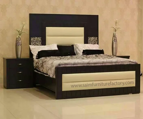 Brown & Off White Leather Double Bed In Lahore Saim Furniture Factory